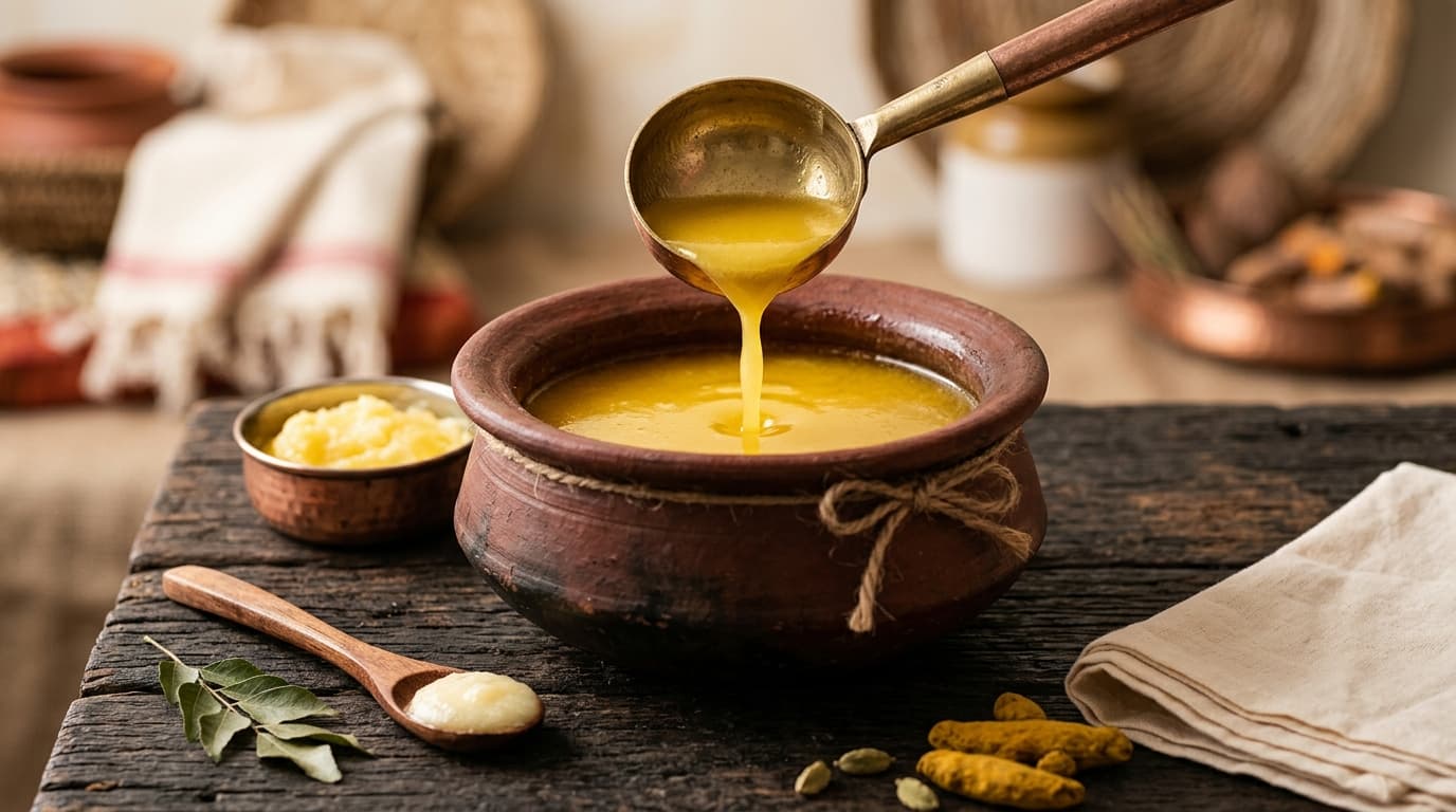 Golden A2 Cow Ghee poured from a brass ladle into a clay pot