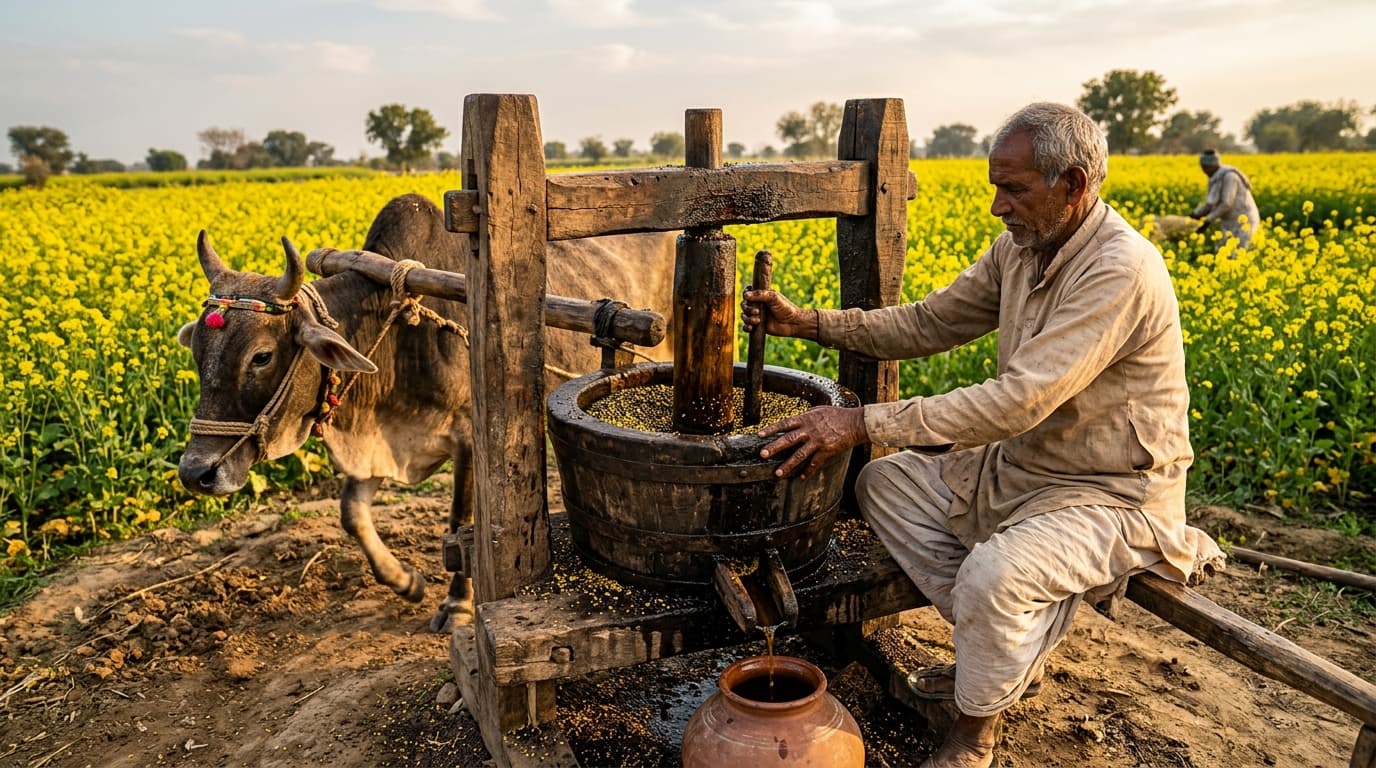 Traditional oil press with a farmer in a mustard field