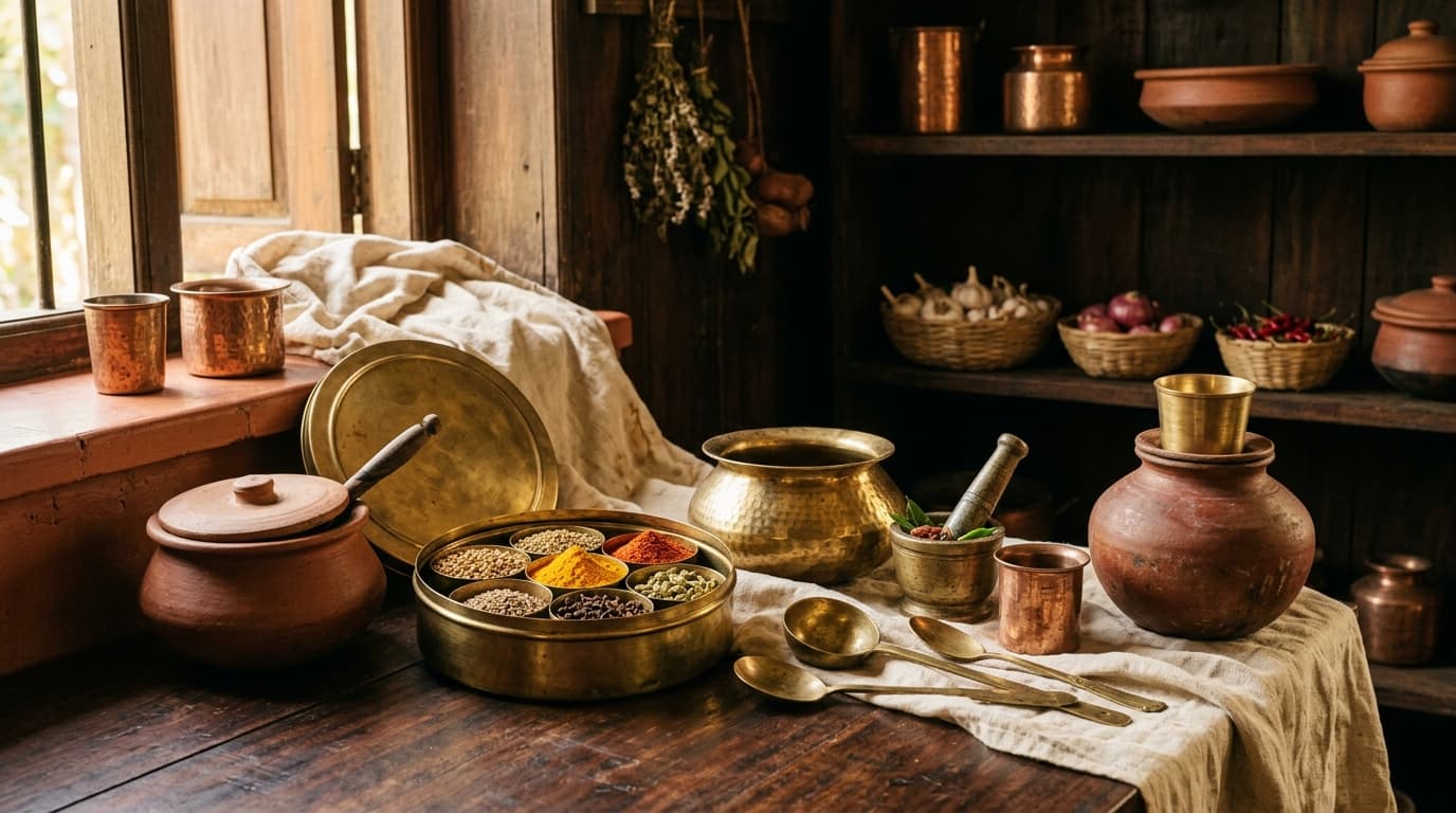 Traditional Indian kitchen with brass and copper vessels